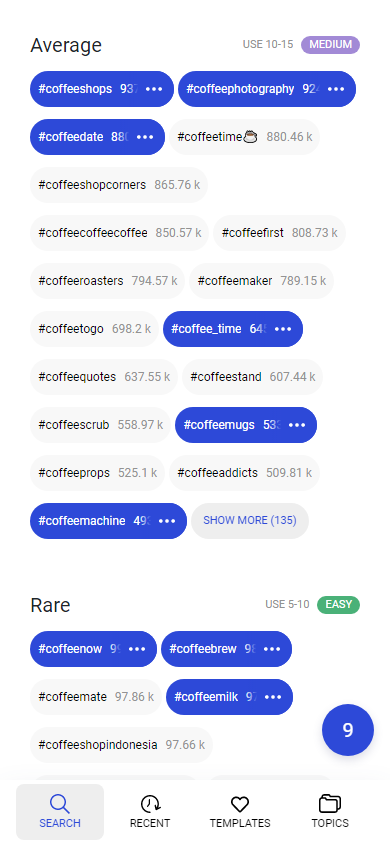 Selected and not selected Instagram hashtags in the Average section on Inflact