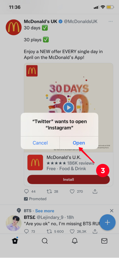 Choosing Open in a pop-up window in the Twitter app