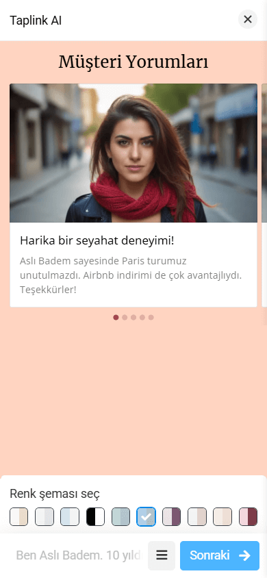 Büyük bir müşteri fotoğrafı, adı ve referansı içeren bir Yorumlar bölümü düzeni