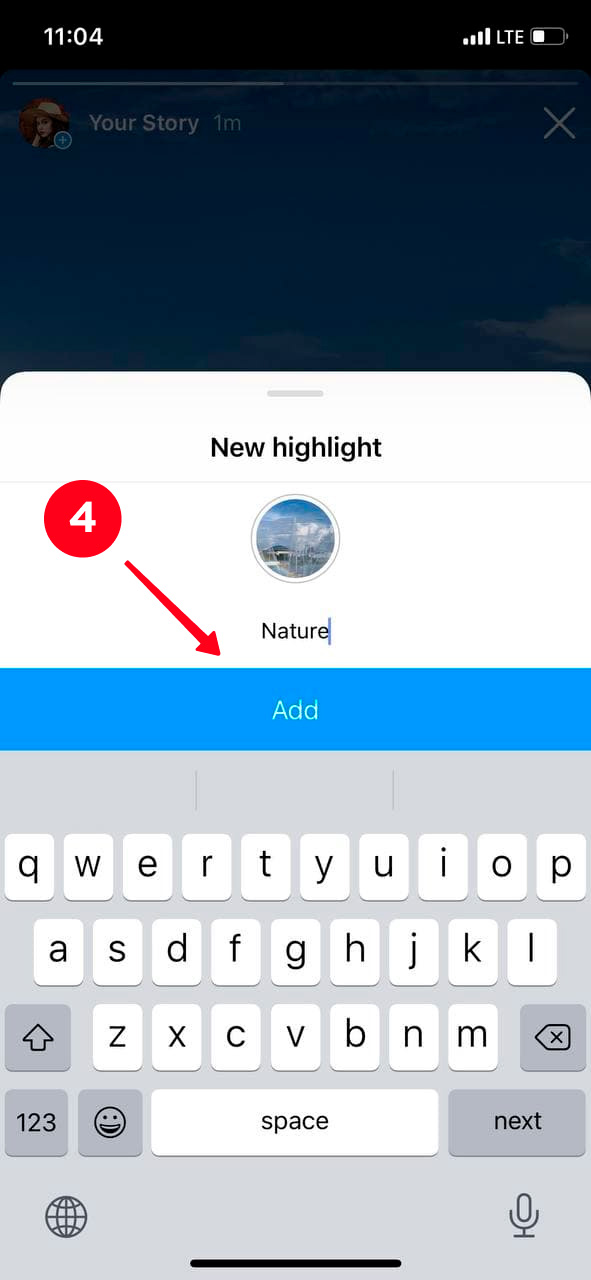 Tapping Add in the Instagram highlight settings