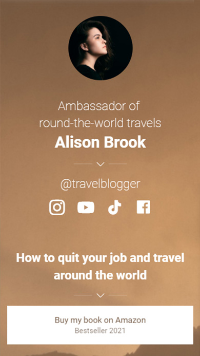 Travel blogger’s Taplink page with a photo and description, and a link to her book