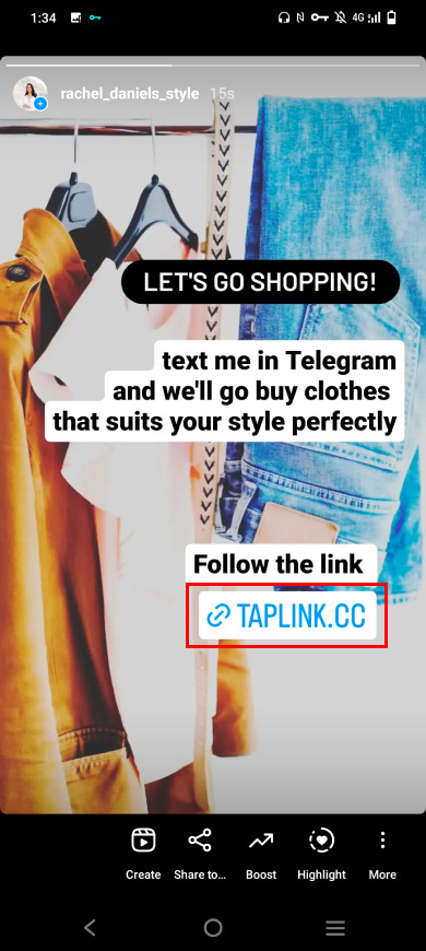 Highlighted Link sticker in a posted Instagram story