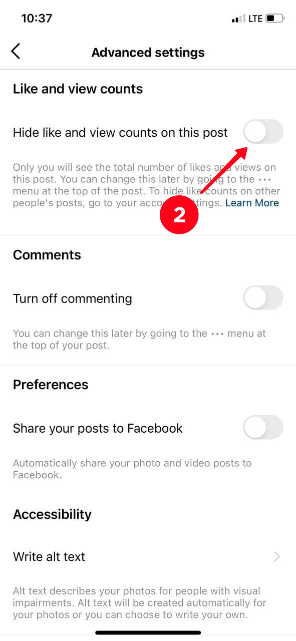 Activating the Hide like and view counts on this post in the Instagram app