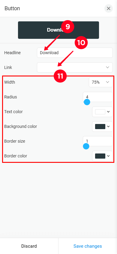 Entering the button text, file link, changing width, radius, text color, background color, border size, and border color