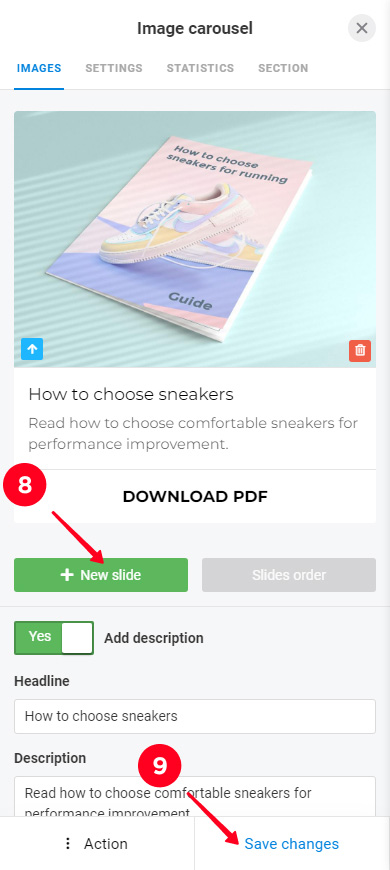 Highlighted new slide and Save changes buttons in the image carousel settings
