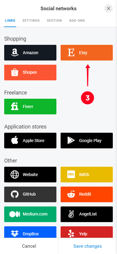 Choosing Etsy among all social network link options in the Taplink block settings