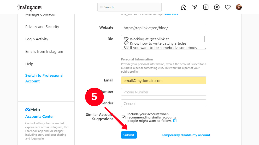 Submitting the email changes in the Edit profile settings on Instagram
