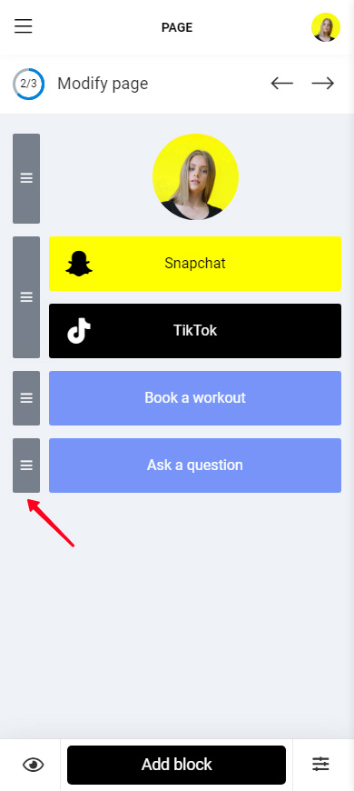 Highlighted three bars near a block for moving an element on a Taplink page