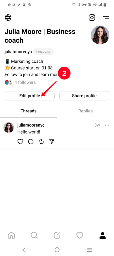 Tapping Edit profile in the Threads profile tab