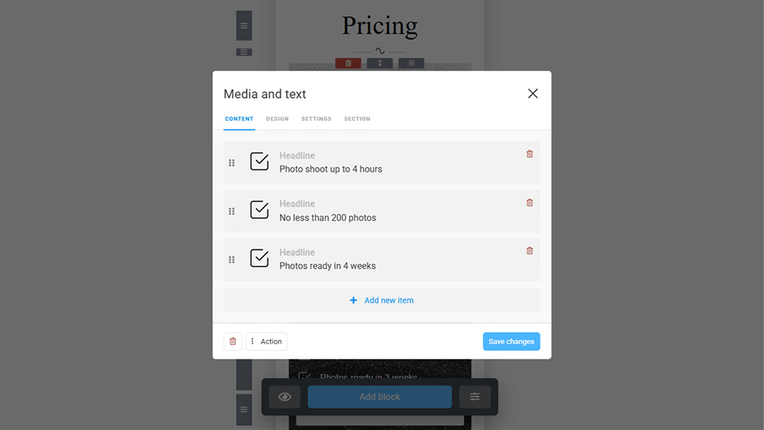 A landing page builder interface in Taplink