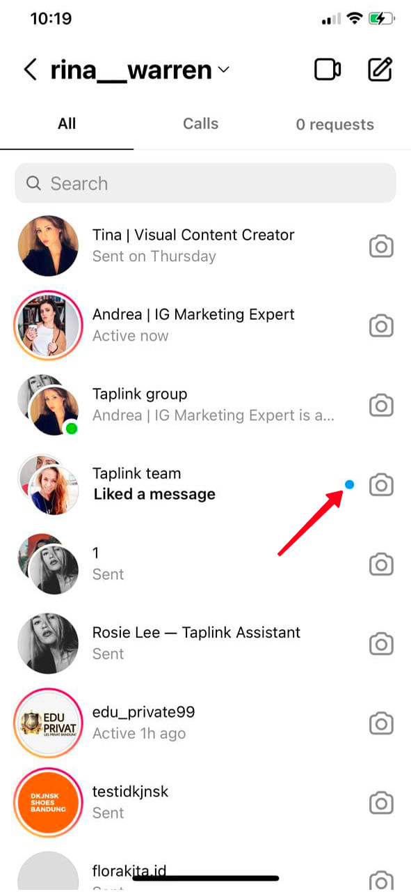 Highlighted blue dot near a username on the list of chats in the Instagram DM