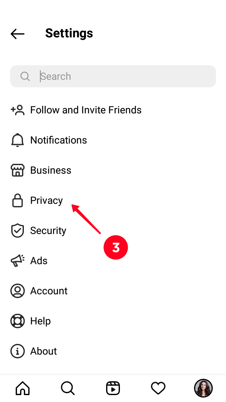 Choosing Privacy on the list of settings in the Instagram app