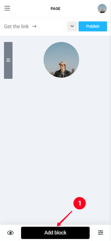 Tapping Add block button for adding new elements to a Taplink page in the editor