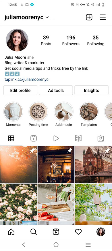 Instagram profile page with pinned post