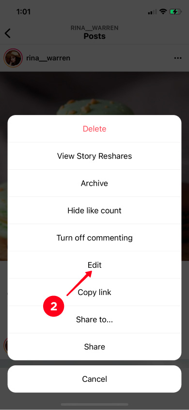 Choosing Edit on the list in the Instagram app