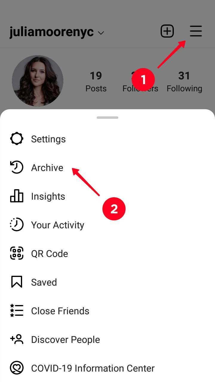 Opening Archive in the Instagram profile tab in the app