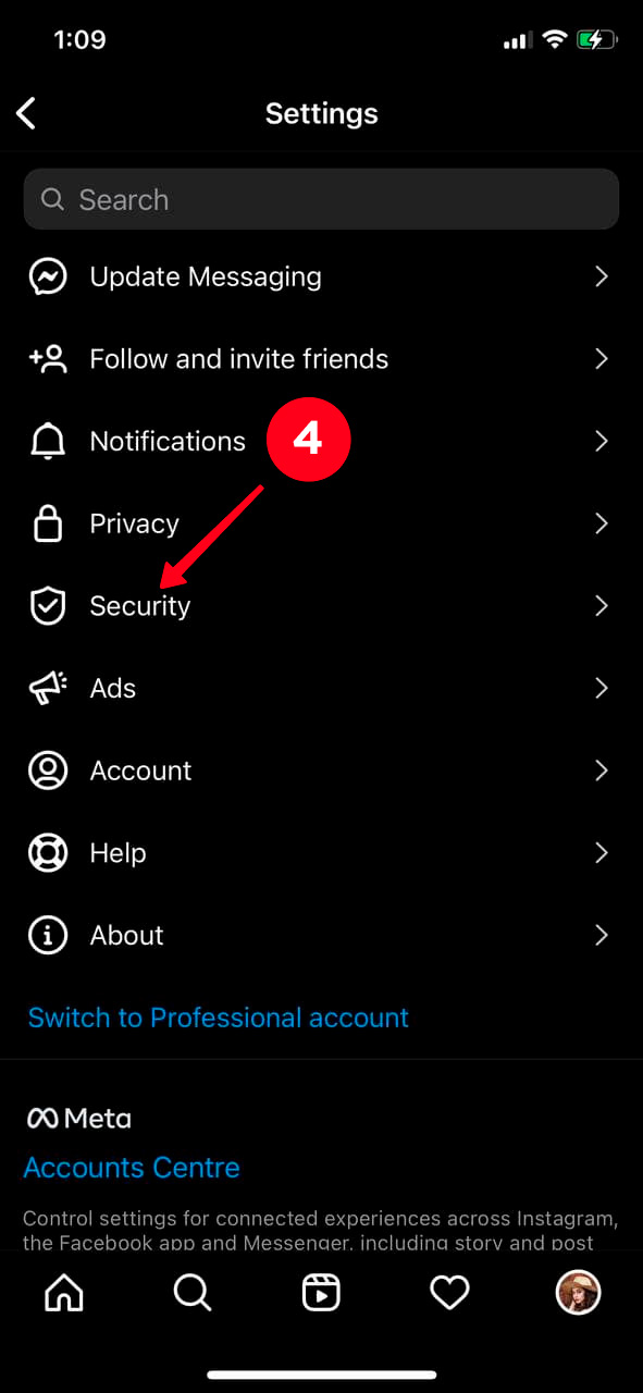 Choosing Security in the Instagram app settings