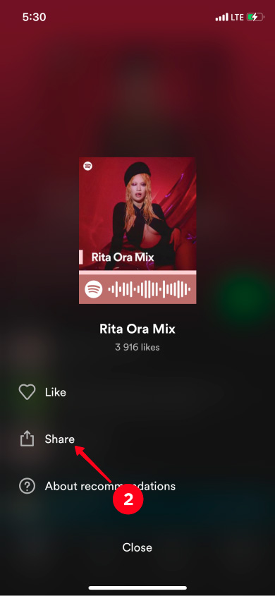 Choosing Share on the list of playlist options in the Spotify app