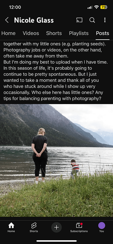 YouTube page displaying a photographer’s post with text and a photo
