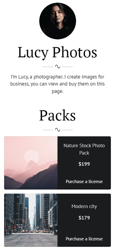 Photographer’s link in bio page created with Taplink