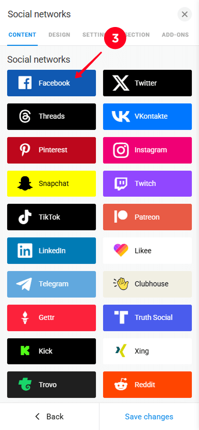 Selecting Facebook in the Social networks library