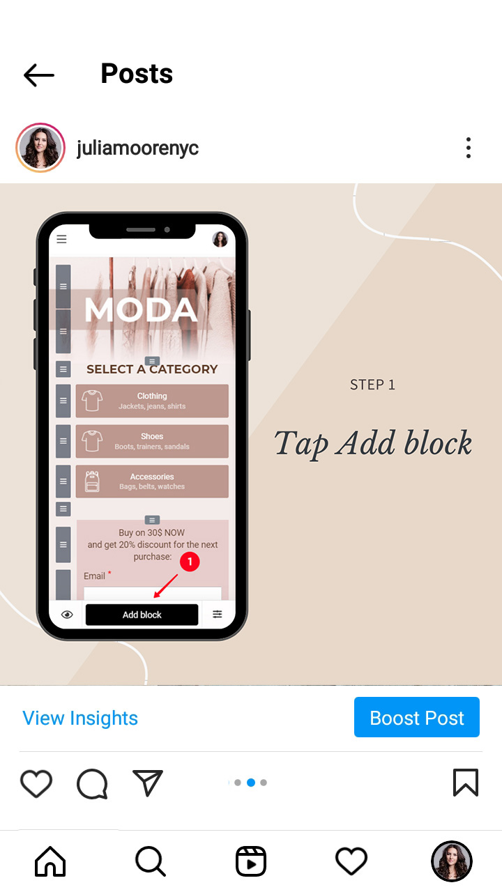 The first step added as a slide in an Instagram image carousel
