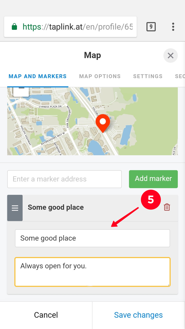 Escribir un nombre y una descripción personalizados de ubicación en la configuración del bloque de mapa
