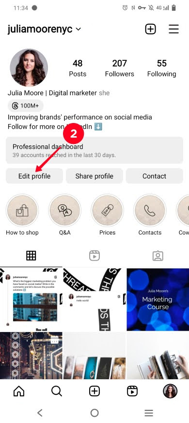 Mengetuk Edit profil di aplikasi Instagram