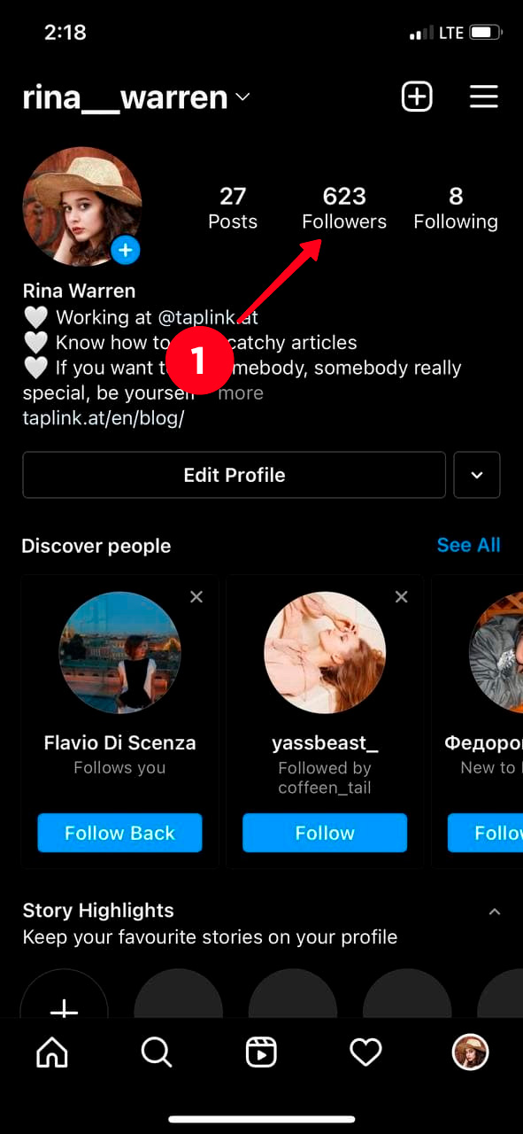 Tapping the list of followers on an Instagram profile page