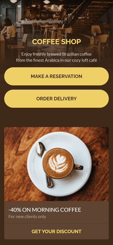 Instagram link in bio page made for a coffee shop with reservation and delivery buttons