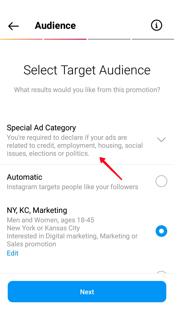 Highlighted Special Ad Category on the page for choosing an audience