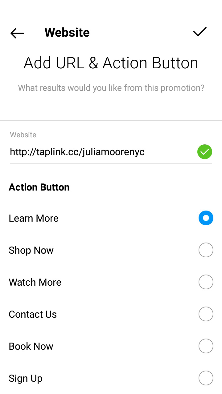 Page for adding an URL and selecting the action button text when setting up paid promotion for a post on Instagram