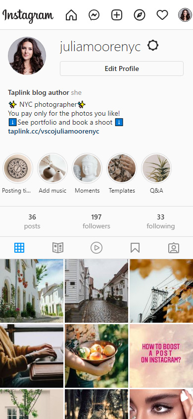 Instagram profile with a Taplink page link in the bio