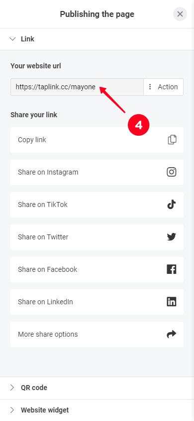 Highlighting a Taplink page link in the publishing menu