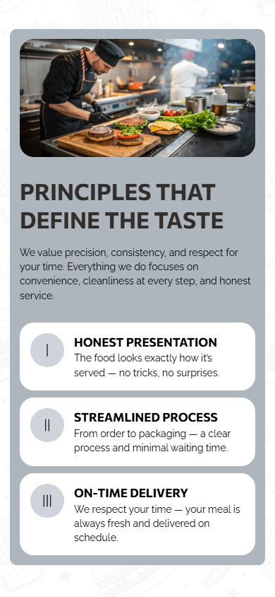 Middle of the burger joint’s Taplink page displaying an image, a heading, text, and three features
