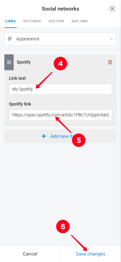 Adding a Spotify link in the Social networks block settings
