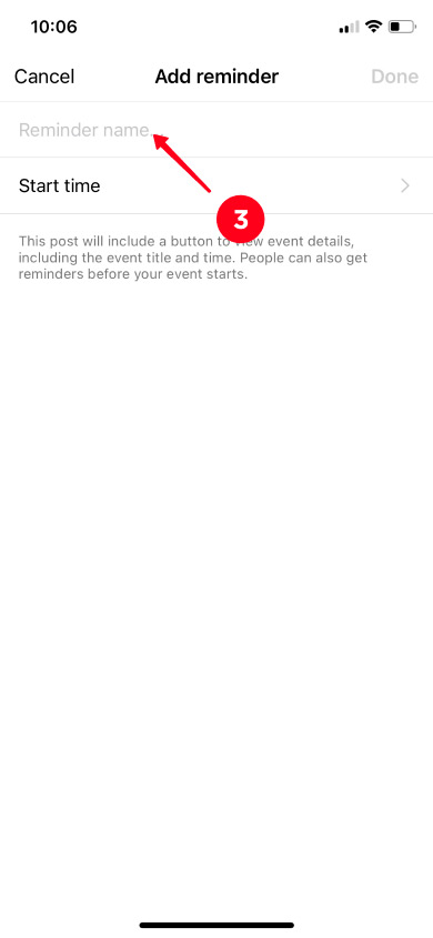 Tapping the Reminder name field in the Instagram app