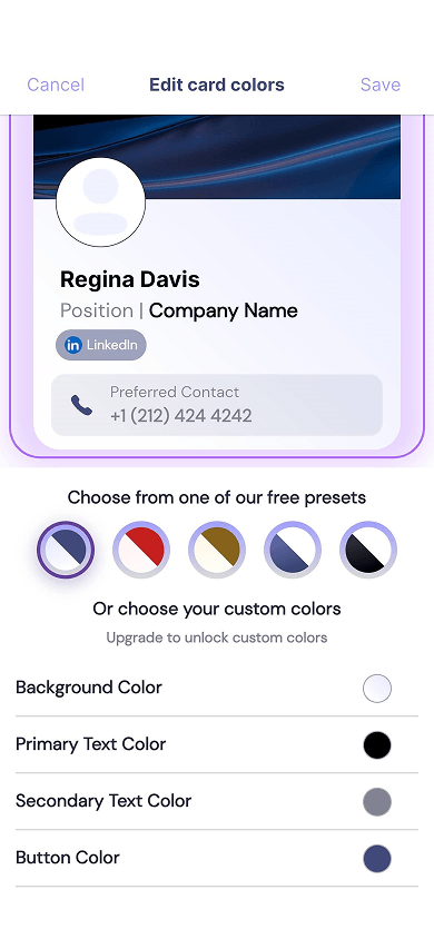 Digital business card design customization page in Kado