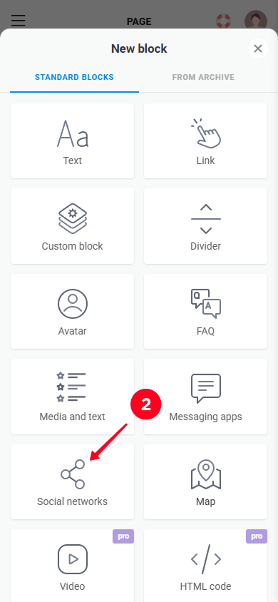 Selecting a Social networks block in the block library