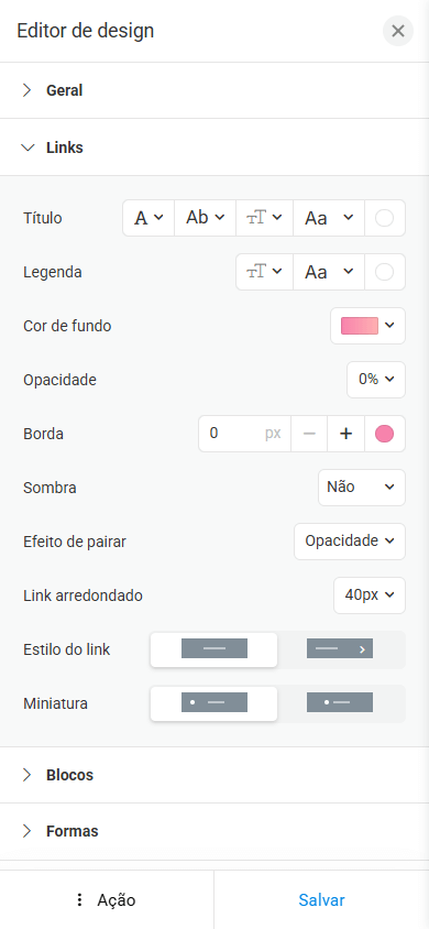 Editor para alterar o design de uma página Linktree