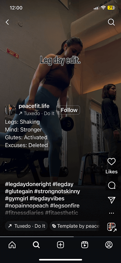 Reel Instagram pusat kebugaran dengan judul yang menyertakan tagar