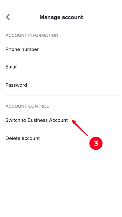 Choosing Switch to Business Account on the list of settings in the TikTok app