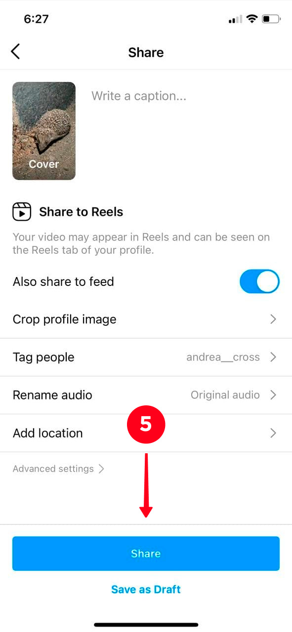 Finishing posting a reel with a tagged collaborator on Instagram