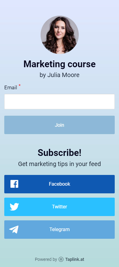 Marketer’s Taplink page with an opt-in form, Facebook, Twitter, and Telegram links