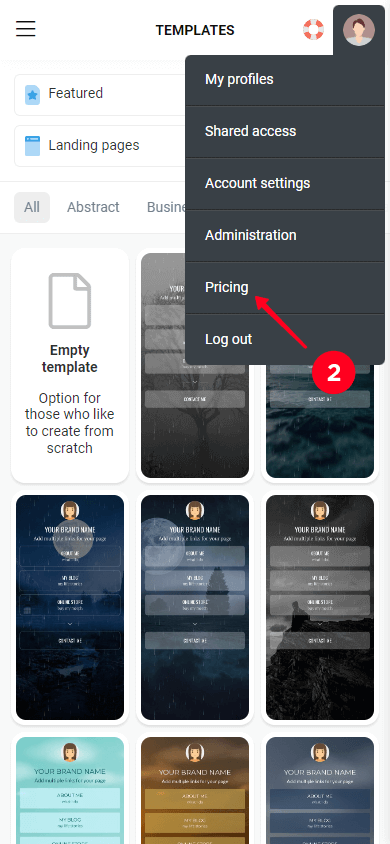 Selecting the Pricing tab in the profile menu on Taplink