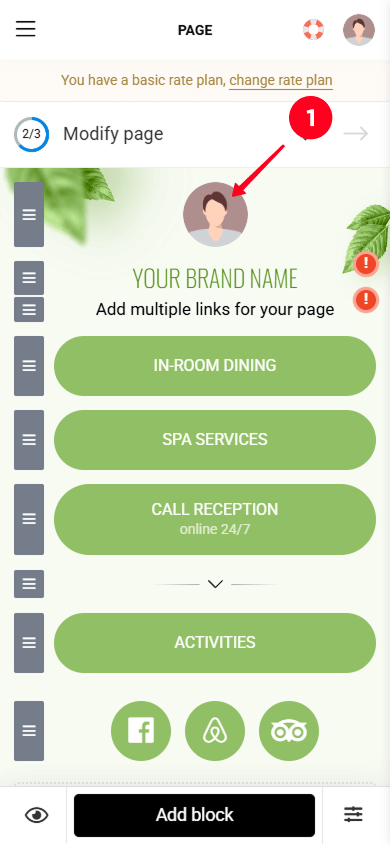 Tapping a profile image in the Taplink page builder