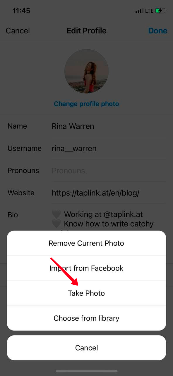 Highlighted Take photo option on the list
