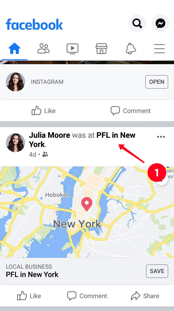 Tocando una ubicación personalizada añadida a una publicación en Facebook en una página de perfil