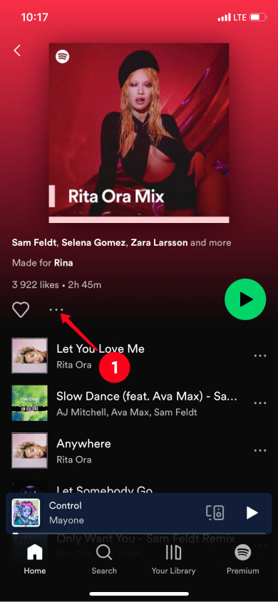 Opening playlist options in the Spotify player