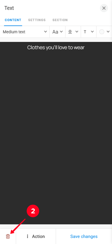Tapping the trash icon in the Text block editor
